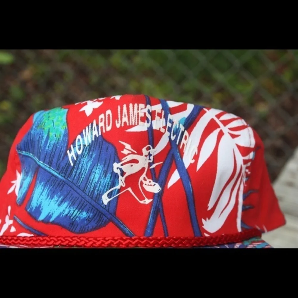 Vintage Nissin Red Hawaiian Hat Howard James Electric‎ Logo Trucker Rope Hat